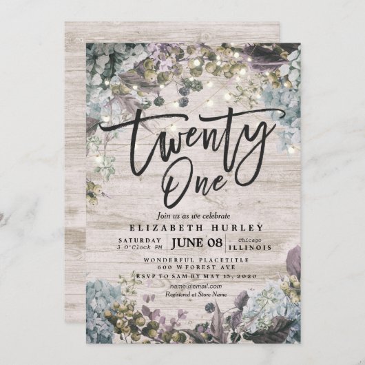 21 Floral String Lights Rustic Wood op geboortedag Kaart (Voorkant / Achterkant)