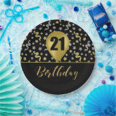 21 Gouden Verjaardagsballon op Zwarte Gouden Confe Papieren Bordje (Feest)