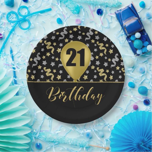 21 Gouden Verjaardagsballon op Zwarte Gouden Confe Papieren Bordje (Feest)