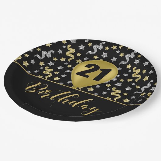 21 Gouden Verjaardagsballon op Zwarte Gouden Confe Papieren Bordje (Gekanteld)