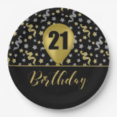 21 Gouden Verjaardagsballon op Zwarte Gouden Confe Papieren Bordje (Voorkant)