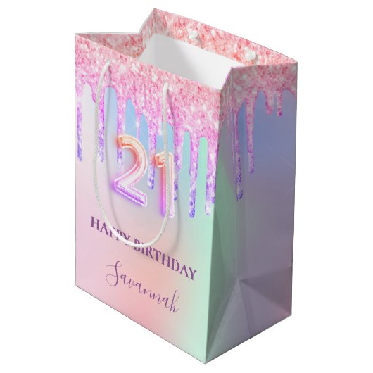 21 jaar roze paarse glitter druist glamoureus medium cadeauzakje (Achterkant Gekanteld)