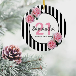 21 jaar roze roze rozen zwarte witte strepen keramisch ornament