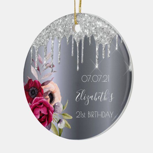21 - jarig zilveren glitter druppelt floral burgun keramisch ornament (Links)