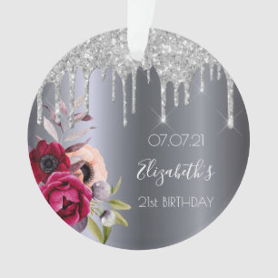 21 - jarig zilveren glitter druppelt floral burgun ornament