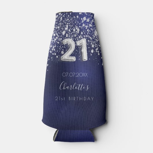 21-jarige marineblauw zilverglitter stofnaam flesjeskoeler (Voorkant)