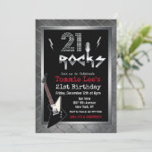 21 Rocks Rockstar gitaar Uitnodiging voor verjaard (Staand voorkant)