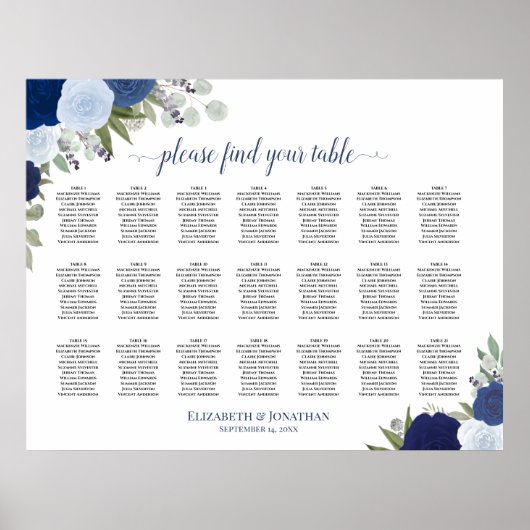 21 Tabel Blauwe Boho Floral Wedding Seating Chart Poster (Voorkant)