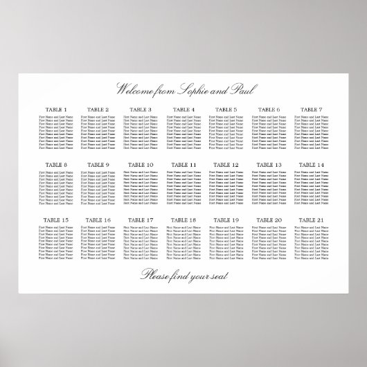 21 Tafel Elegante Minimalistische Zitplaatsindelin Poster (Voorkant)