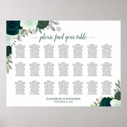 21 Tafel Emerald Boho Bloemige Trouwstoelindeling Poster (Voorkant)