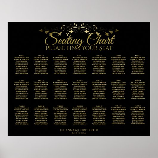 21 Tafel Gold Vlourish Black Wedding Seating Chart Poster (Voorkant)