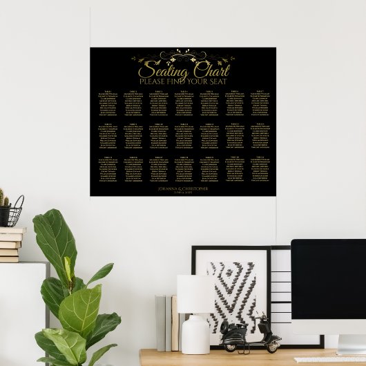 21 Tafel Gold Vlourish Black Wedding Seating Chart Poster (Thuiskantoor)