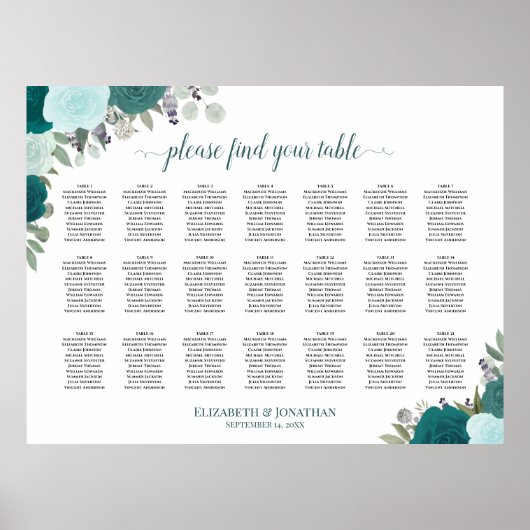 21 Tafel Teal Boho Bloemige Trouw Zittijd Chart Poster (Voorkant)