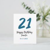 21 Verjaardag Bold Blauw Letter Simple Minimal Briefkaart (Staand voorkant)
