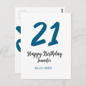 21 Verjaardag Bold Blauw Letter Simple Minimal Briefkaart (Voorkant / Achterkant)