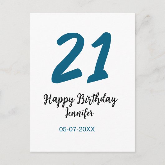 21 Verjaardag Bold Blauw Letter Simple Minimal Briefkaart (Voorkant)