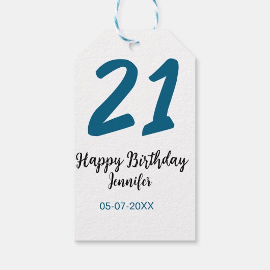 21 Verjaardag Bold Blauw Letter Simple Minimal Cadeaulabel (Achterkant)