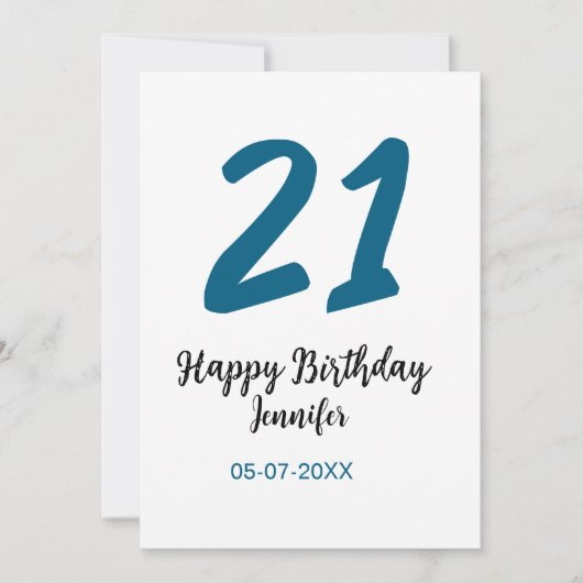 21 Verjaardag Bold Blauw Letter Simple Minimal Kaart (Voorkant)