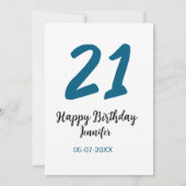 21 Verjaardag Bold Blauw Letter Simple Minimal Kaart (Achterkant)