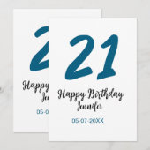 21 Verjaardag Bold Blauw Letter Simple Minimal Kaart (Voorkant / Achterkant)