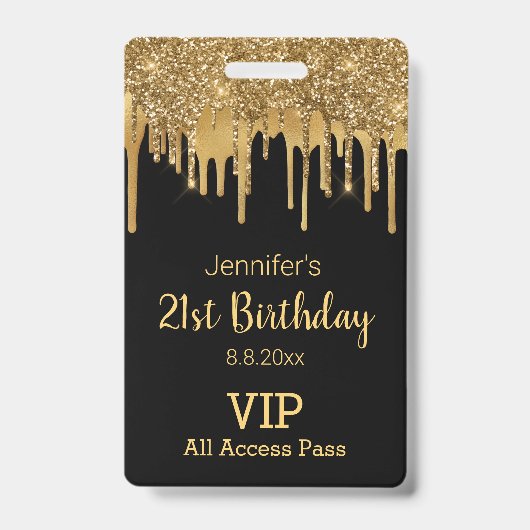 21 verjaardag zwart goud druppelen glitters vip pa badge (Front)
