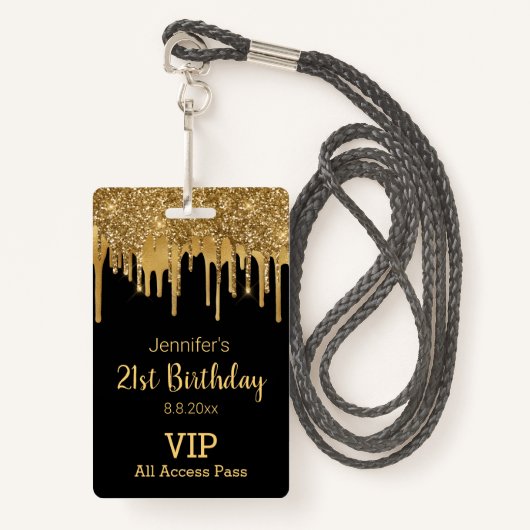 21 verjaardag zwart goud druppelen glitters vip pa badge (Voorkant met draagriem)