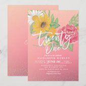 21 Verjaardagsfeestje Moderne Roze Bloemen Gouden  Kaart (Voorkant / Achterkant)