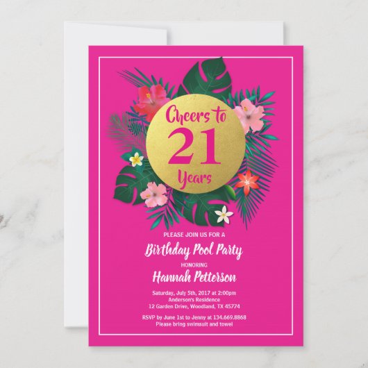 21 verjaardagsfeestje uitnodiging tropisch roze (Voorkant)