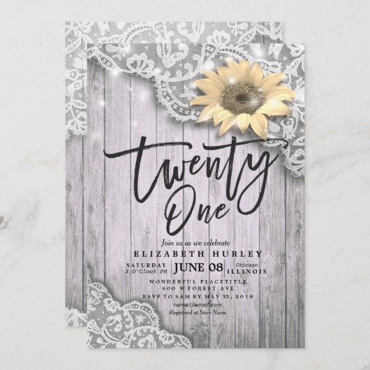 21 Zonnebloem Koord Licht Hout van Birthday Party  Kaart (Voorkant / Achterkant)