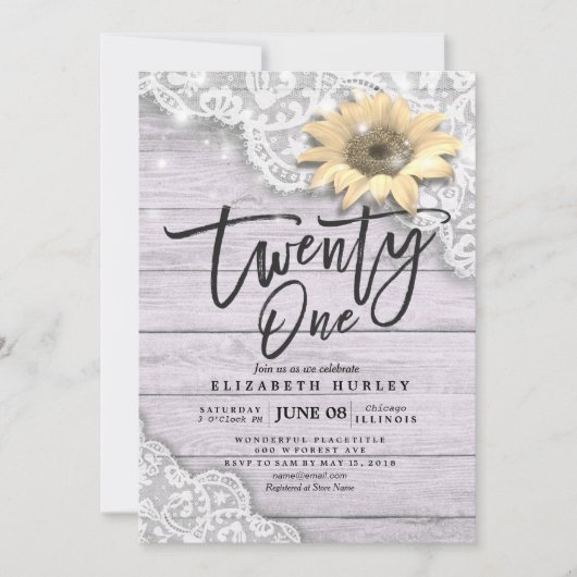 21 Zonnebloem Koord Licht Hout van Birthday Party Kaart (Voorkant)