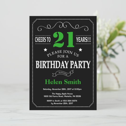 21e Birthday Black en Green Chalkboard Kaart (Staand voorkant)
