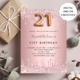 21e Birthday blush roze stoffige roos glitter drup Kaart