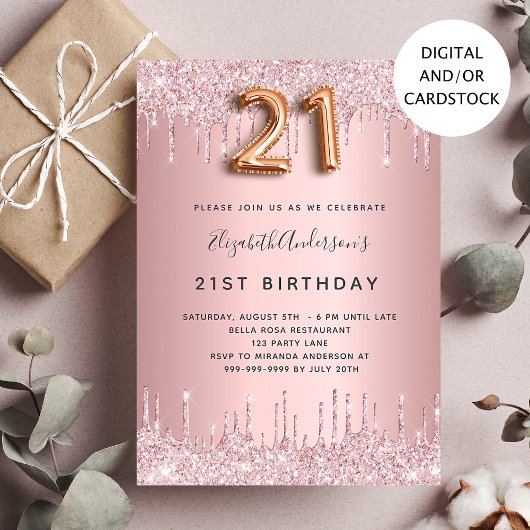 21e Birthday blush roze stoffige roos glitter drup Kaart