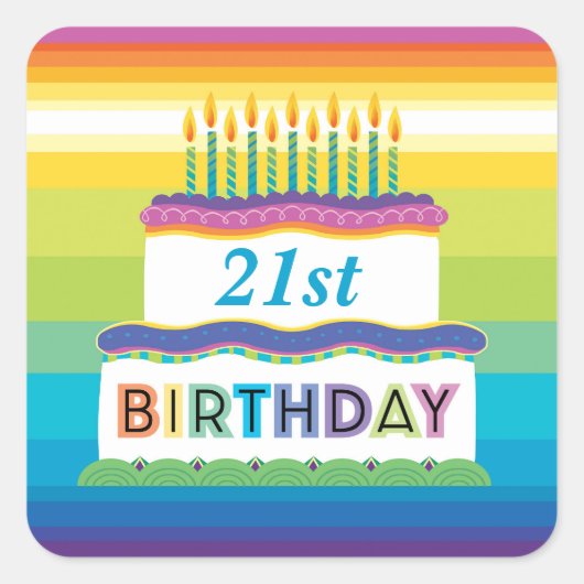 21e Birthday Cake with Rainbow Stripes Sticker (Voorkant)