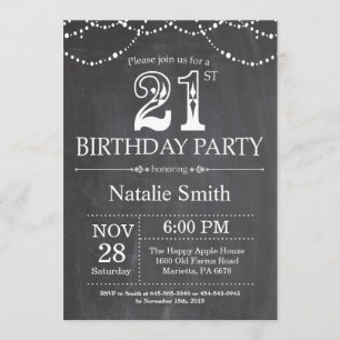 21e Birthday Invitation Chalkboard String Lights Kaart
