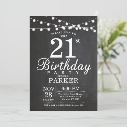 21e Birthday Invitation Chalkboard String Lights Kaart (Staand voorkant)