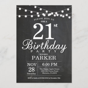 21e Birthday Invitation Chalkboard String Lights Kaart