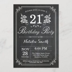 21e Birthday Invitation Floral Chalkboard Kaart