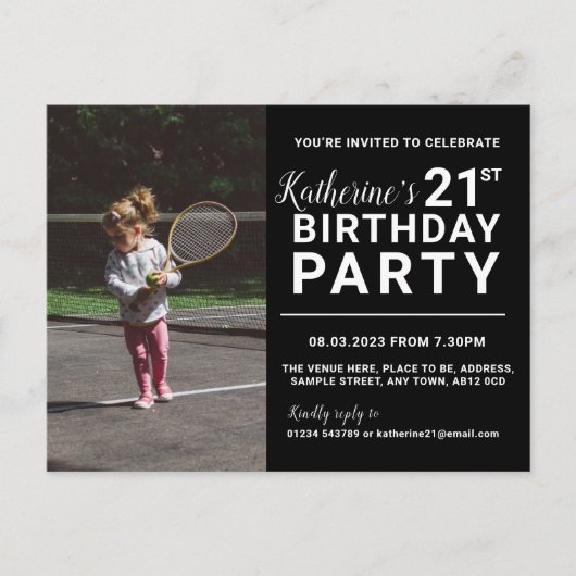 21e Birthday Invitation Photo Card Black Briefkaart (Voorkant)