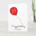 21e Birthday-kaart voor rode ballon Kaart<br><div class="desc">21ste verjaardagsfeest ballongepersonaliseerd wenskaart. Ideaal voor ouders of grootouders om te geven aan een zoon of kleinzoon die achttien wordt of voor een peetouder om aan hun peetzoon te geven bij deze speciale gelegenheid. De kaart heeft ruimte voor de naam van het man en het binnenbericht kan worden aangepast. De...</div>