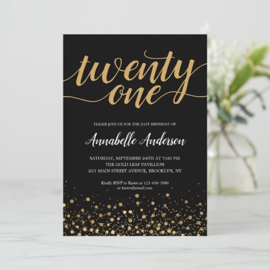 21e 'Birthday' modern zwart Gold Confetti script Kaart (Staand voorkant)