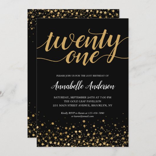 21e 'Birthday' modern zwart Gold Confetti script Kaart (Voorkant / Achterkant)