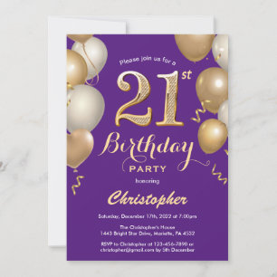 21e Birthday Paarse en gouden ballonnen Confetti Kaart