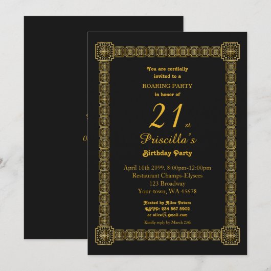 21e, Birthday Party, Gastby Style, Black & Gold v3 Kaart (Voorkant / Achterkant)