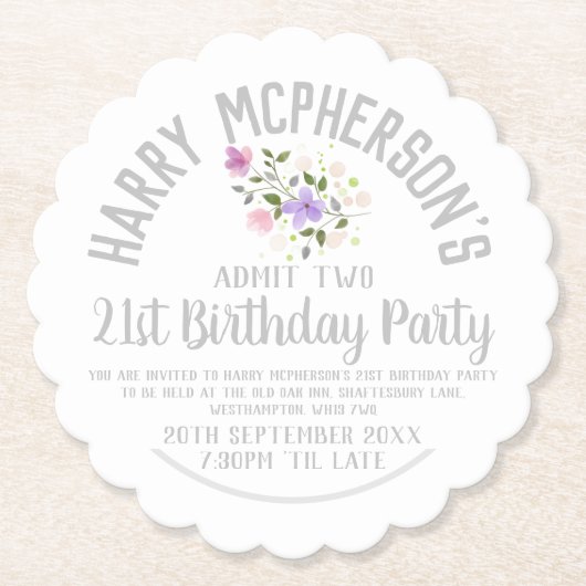 21e Birthday Party Invitation Ticket Kartonnen Onderzetters (Voorkant)
