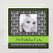 21e Birthday Party Invitations Damask Limoen Kaart (Voorkant / Achterkant)