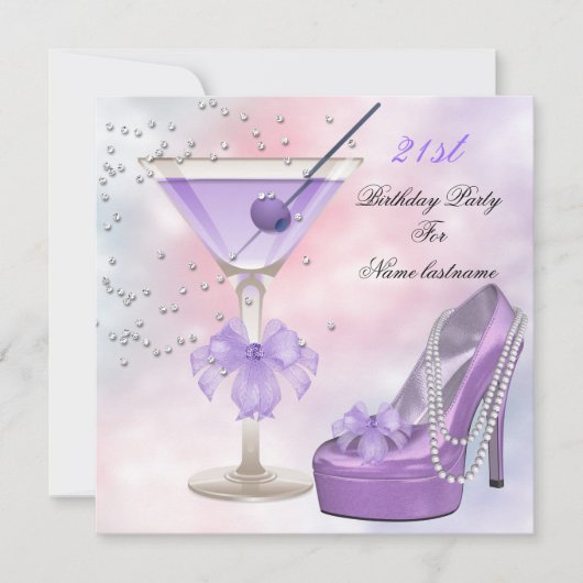 21e Birthday Party Lila Martini Paars Pink Kaart (Voorkant)