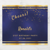 21e Birthday party marvy blue gold cheers name Bier Etiket (Enkel label)