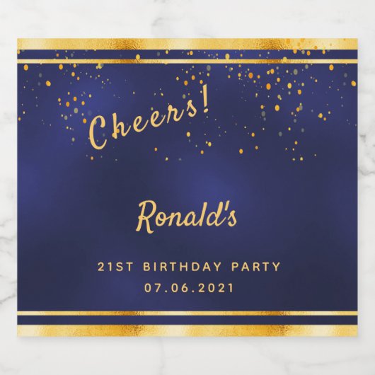 21e Birthday party marvy blue gold cheers name Bier Etiket (Enkel label)