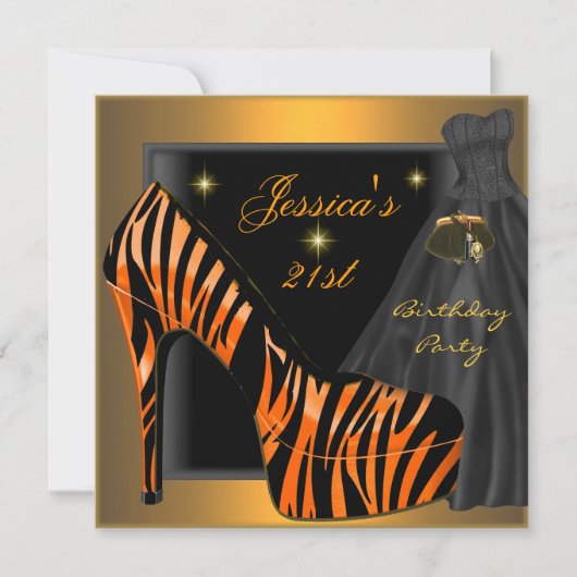 21e Birthday Party Shoe Gold Oranje Black Zebra Kaart (Voorkant)